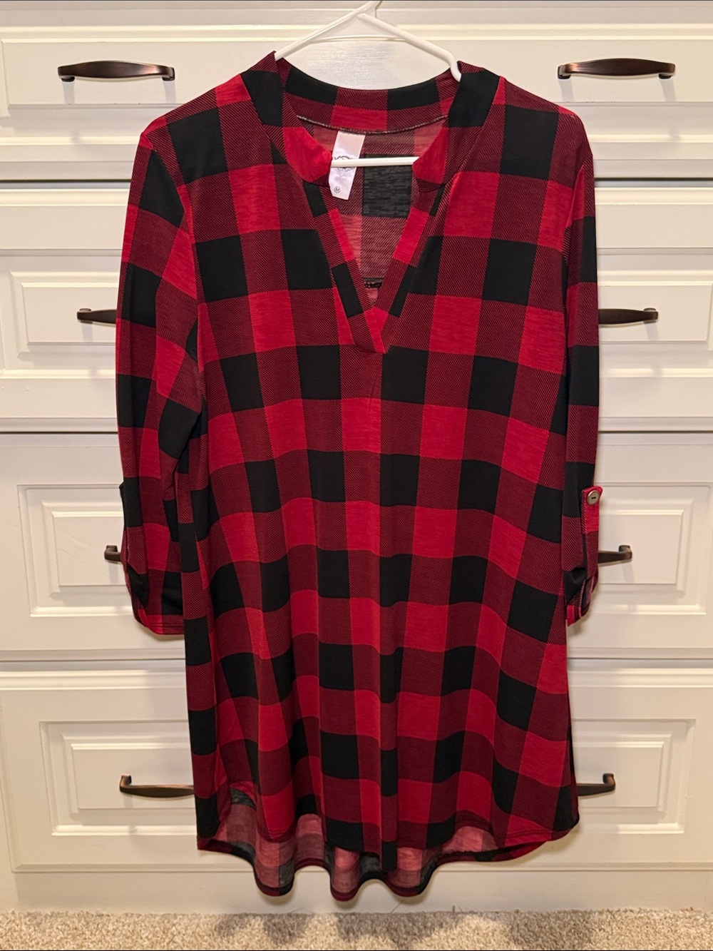 Women's Red and Black Buffalo Plaid V-Neck Tunic Top
